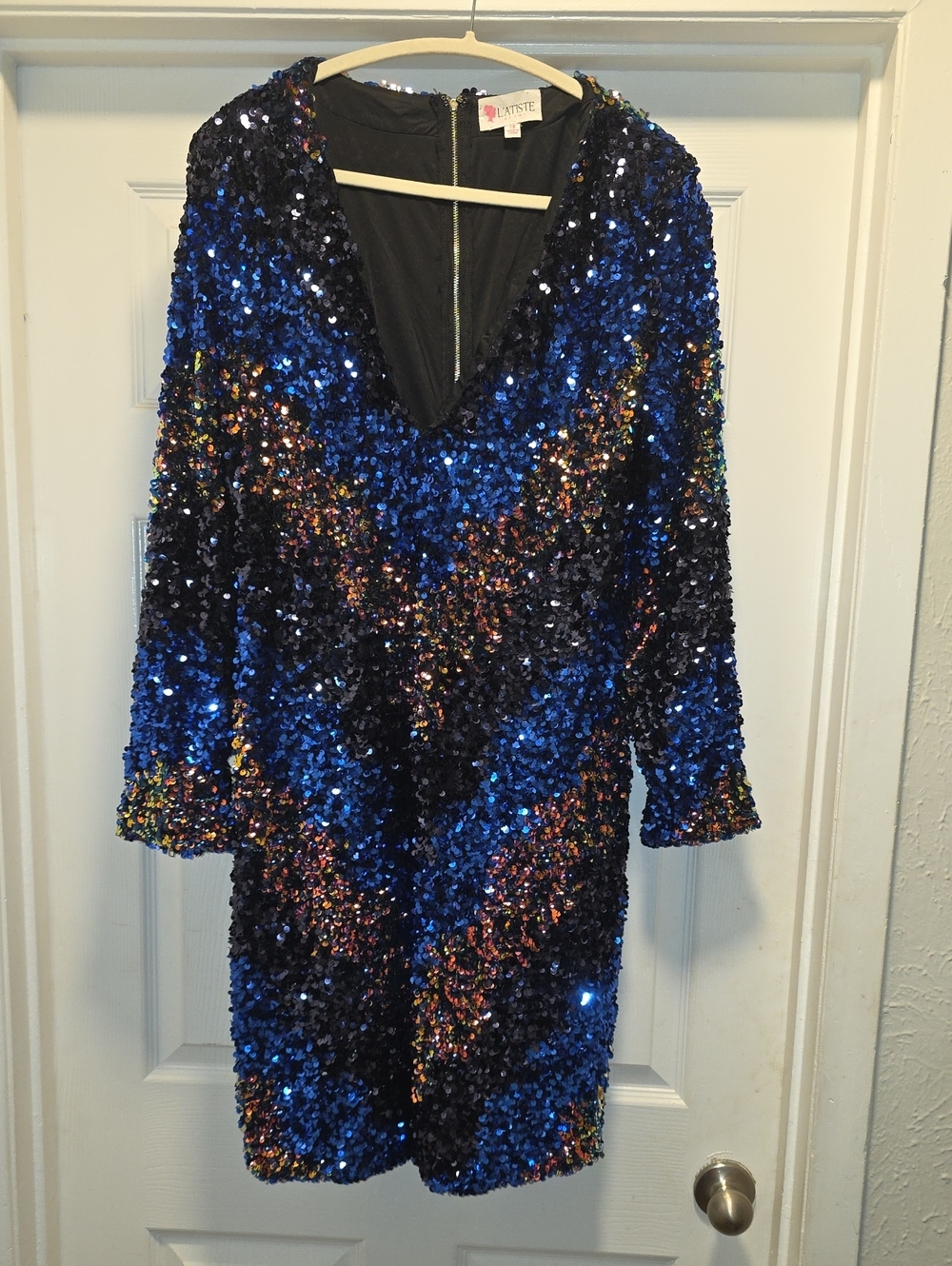 L'ATISTE Black & Blue Sequin V-Neck Mini Dress